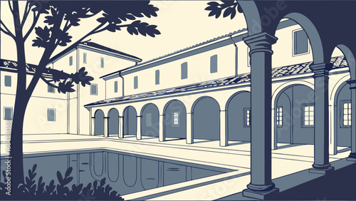 An Ancient Courtyard with Arcades and Trees.