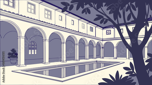 Cloister Courtyard Illustration Serene Architectural Design with Pool and Plants.