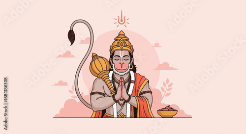 Lord Hanuman Praying in Devotion with Mace and Offerings, Hindu God Deity Illustration