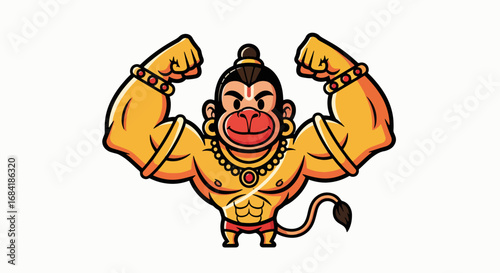 Cute Chibi Lord Hanuman Flexing Muscles, Demonstrating Strength and Power Illustration