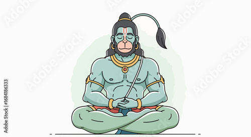 Serene Lord Hanuman Meditating in Lotus Pose, Spiritual Devotion Illustration