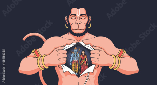 Lord Hanuman Tearing Chest to Reveal Rama and Sita, Devotion Pixel Art Illustration