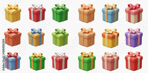 A vibrant collection of various colorful 3D gift boxes with decorative bows and ribbons, isolated on a transparent background.