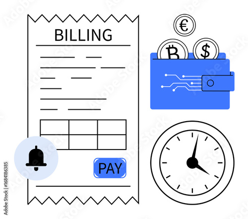 Billing receipt with payment button and notification bell, digital wallet holding various cryptocurrencies, and an analog clock. Ideal for finance, payment, cryptocurrency, bills, reminders, time