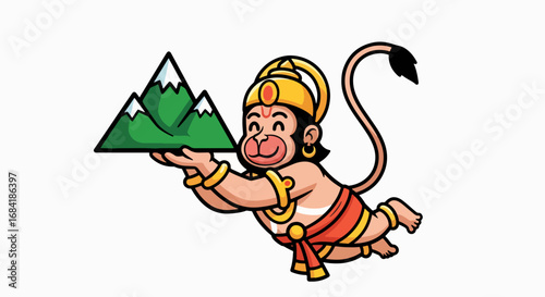 Cute Chibi Lord Hanuman Flying and Carrying Sanjeevani Mountain, Mythological Illustration