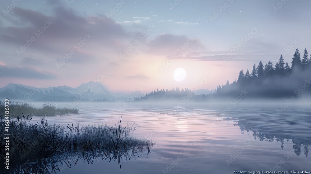 Fototapeta premium Serene lake at dawn with mist and mountains creating a peaceful scene
