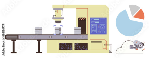 Factory machine with robotic arm placing items on conveyor, data charts and cloud storage. Ideal for automation, manufacturing, robotics, analytics, technology, AI, innovation flat concept