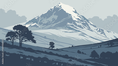 Majestic Mountain Landscape with Silhouetted Trees.