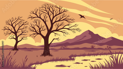 Peaceful Sunset Landscape with Bare Trees and Fish Pond.