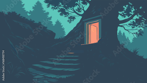 Enchanted Forest Path to a Glowing Door.