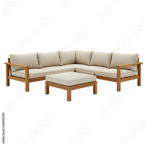 Outdoor sectional sofa with ottoman on a white background, PNG format.