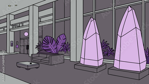 Modern Lobby Interior with Crystal Sculptures and Lounge Area.