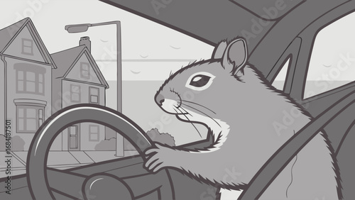 A squirrel driving a car on a suburban street monochrome illustration.