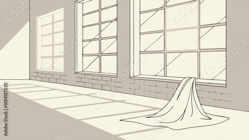 Interior Sketch of a Room with Large Windows and Drapery.