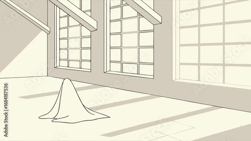 A draped cloth in a sunlit room with windows and beams.