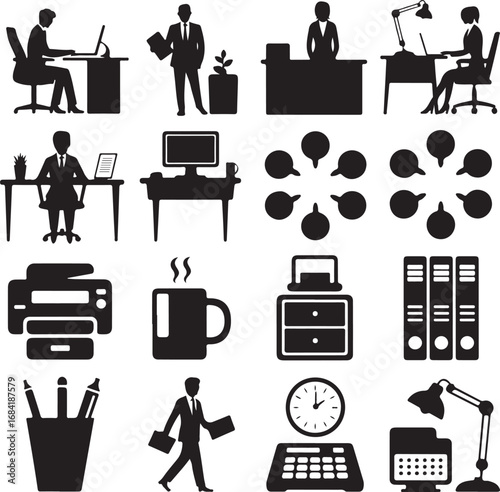 Office work and business icons with desks computers and supplies vector illustration