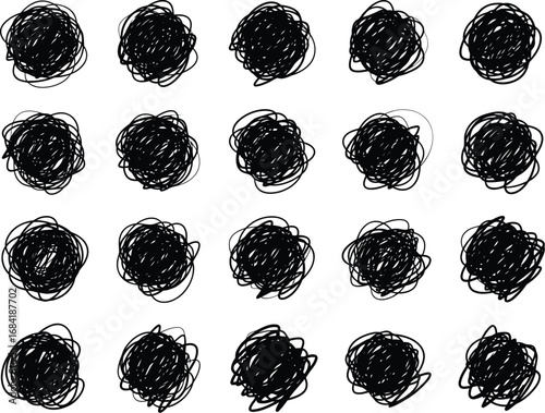 Collection of twenty four hand drawn black ink scribbled circles and abstract messy shapes on a white background