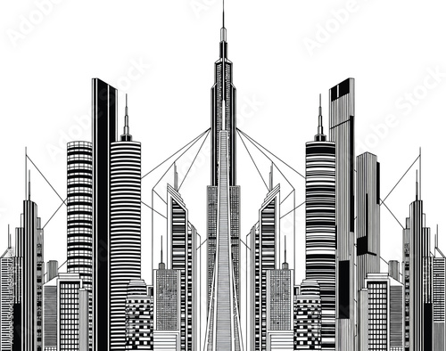 Modern cityscape silhouette with tall skyscrapers and architectural details against a white background