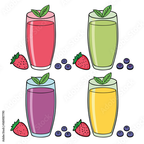 Four colorful cartoon smoothie glasses sit with fresh strawberries and blueberries against a transparent background