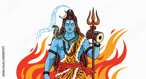 Lord Shiva standing in flames with Trishul, Damaru, and Ganga river flowing from his hair, Hindu deity illustration.