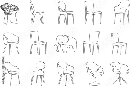 Collection of diverse chair sketches in various styles and perspectives showcasing artistic design and furniture concepts