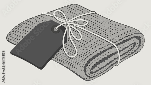 Rolled Knitted Blanket with Tag Cozy Winter Textile Gift Product Illustration.