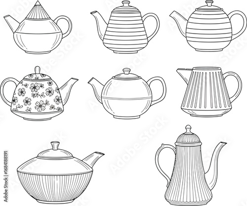 Collection of seven unique hand drawn black and white line art teapots with varied decorative patterns and styles