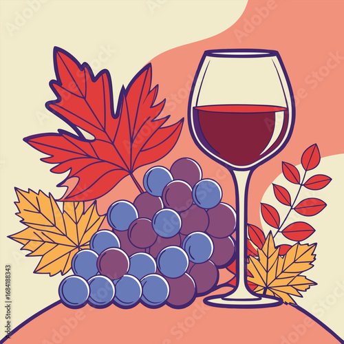 Stylized bunch of grapes and autumn leaves surround glass with red wine against neutral background
