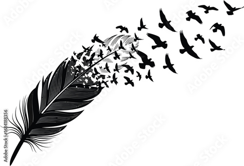 A detailed black feather transforms into a flock of birds flying away against a white background