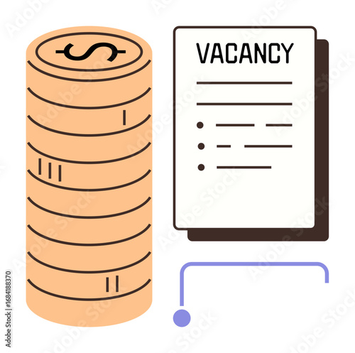 Job vacancy document alongside a vertical stack of coins representing salary opportunities, workforce hiring, career growth, recruitment success, job security, financial planning, simple flat