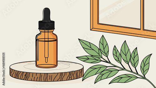 Essential Oil Bottle on Wooden Slice with Leaves and Window Illustration.