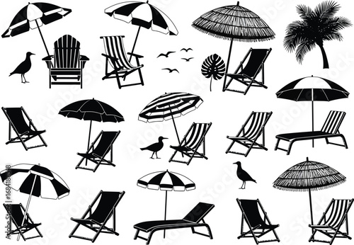 Collection of beach chairs and umbrellas with seagulls and palm leaves in a black and white sketch style