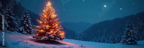 Mystical glowing pine tree at night, ethereal light illuminating needles and branches, creating a magical winter scene Perfect for fantasy, Christmas, or nature themes , ambiance, night, light