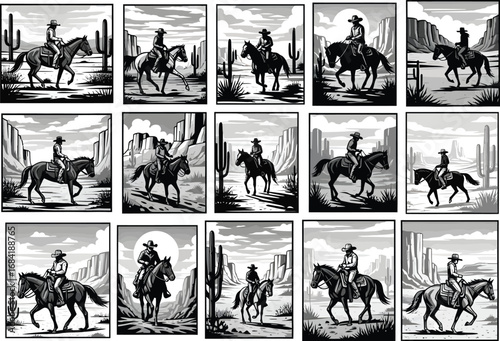 Vintage western collage featuring cowboys riding horses through desert landscapes with cacti and mountains