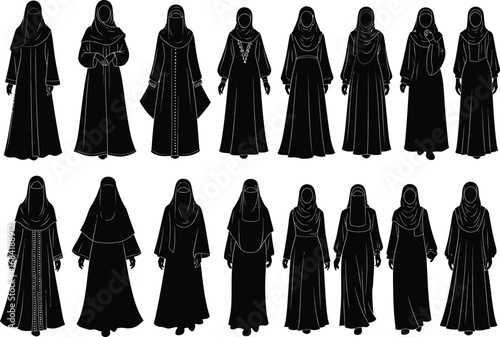 Collection of diverse traditional islamic women s clothing and modest fashion styles displayed in a silhouette cutout
