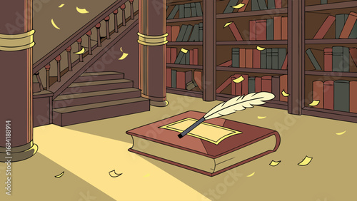 A cartoon illustration of a library or study room with a book and quill pen.