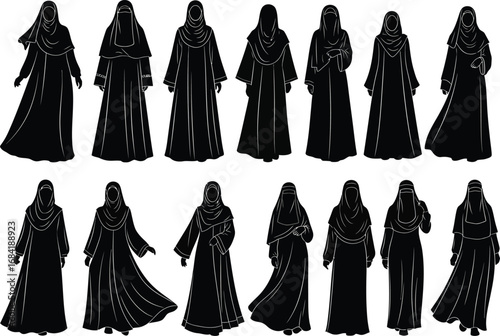 Collection of diverse silhouettes of women wearing traditional islamic clothing and hijabs in various poses