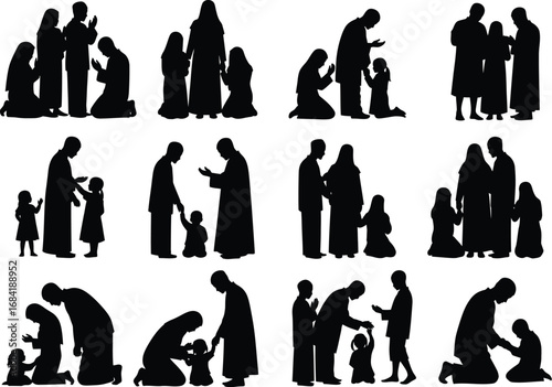 Diverse silhouettes of people in prayer and religious rituals showing reverence and faith