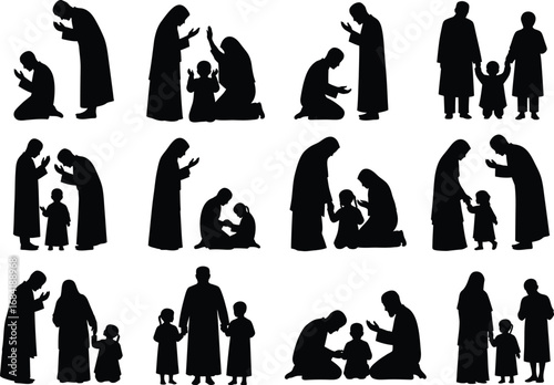 Silhouettes of muslim families praying together in various poses and settings representing islamic faith and devotion