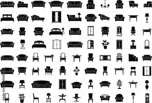 Collection of black and white silhouette icons representing various furniture pieces for home and office interiors