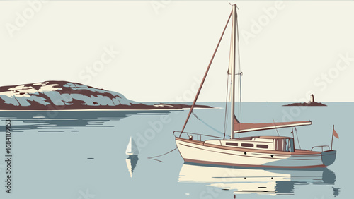 A Sailboat Anchored in Calm Waters.