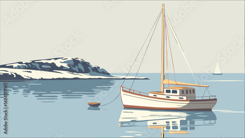 Sailboat on Calm Water with Mountain in the Background.
