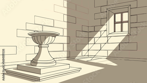 Sunlit Room with Ornate Urn and Brick Walls Architectural Illustration Interior Design Line Art Plan.