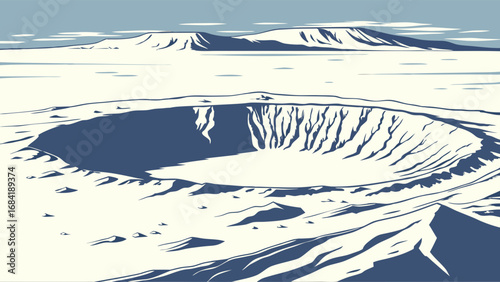 Aerial View of a Volcanic Crater and Snowy Landscape Geological Formation Nature Illustration Winter Scene.