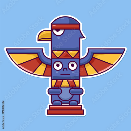 Cute Totem Pole With Eagle Cartoon Vector Icon Illustration, Native American Cultural Symbol Concept Isolated Premium Vector. Flat Cartoon Style