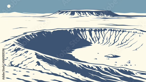 Scenic Crater Landscape Illustration Earthy Tones Desert Illustration Crater Lake Sun Landscape Wall Art.