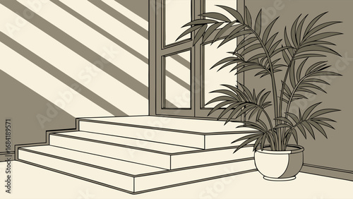 Indoor scene with stairs potted plant and sunlight streaming through a window.