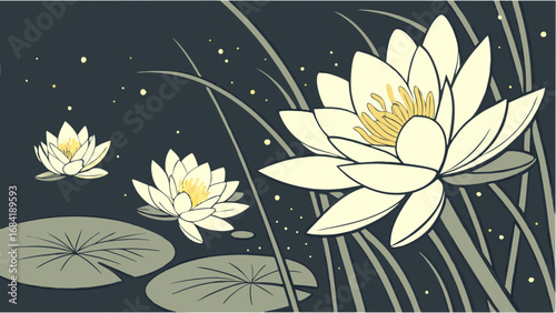 Elegant Water Lilies in a Dark Pond.