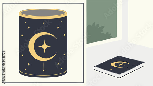 Celestial Mug and Book Design Night Sky Crescent Moon Stars Gold Minimalist Illustration.