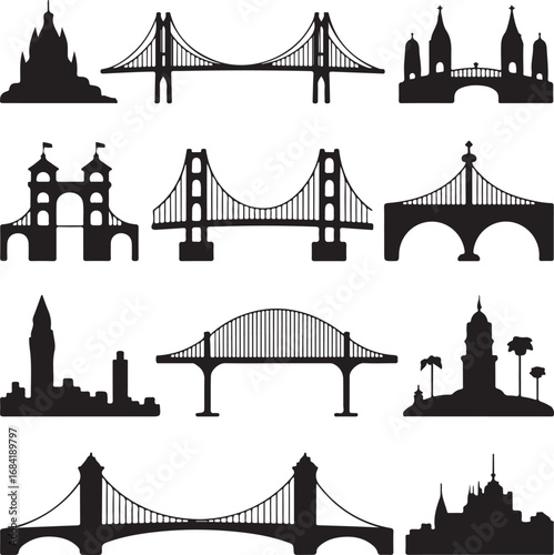 Silhouettes of famous bridges and architectural landmarks worldwide Keywords: bridge